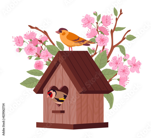 Cartoon nesting bird house. Wooden bird house on blooming tree, bird house with feeder flat vector illustration. Handcrafted birds nests on cherry tree