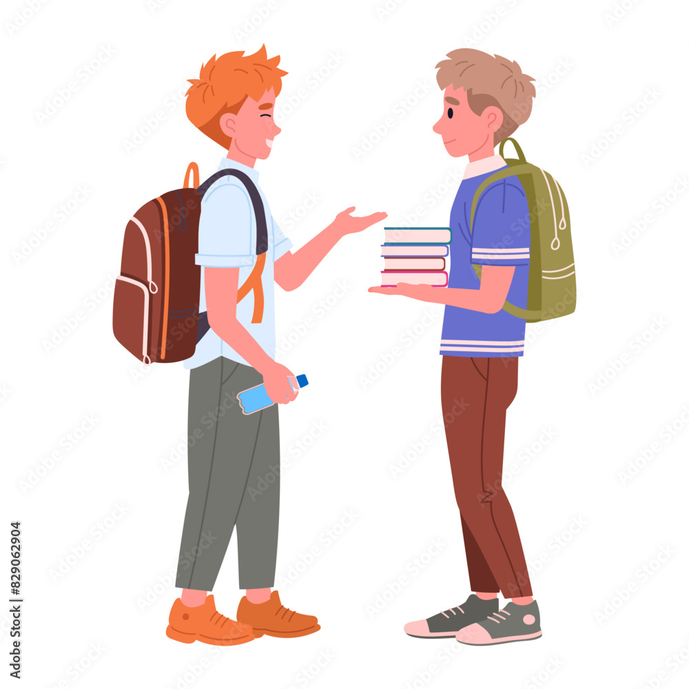 Junior high school students. Male school students with backpacks and books talking to each other flat vector illustration. Middle school pupils Junior high school students. Male school students with backpacks and books talking to each other flat vector illustration. Middle school pupils