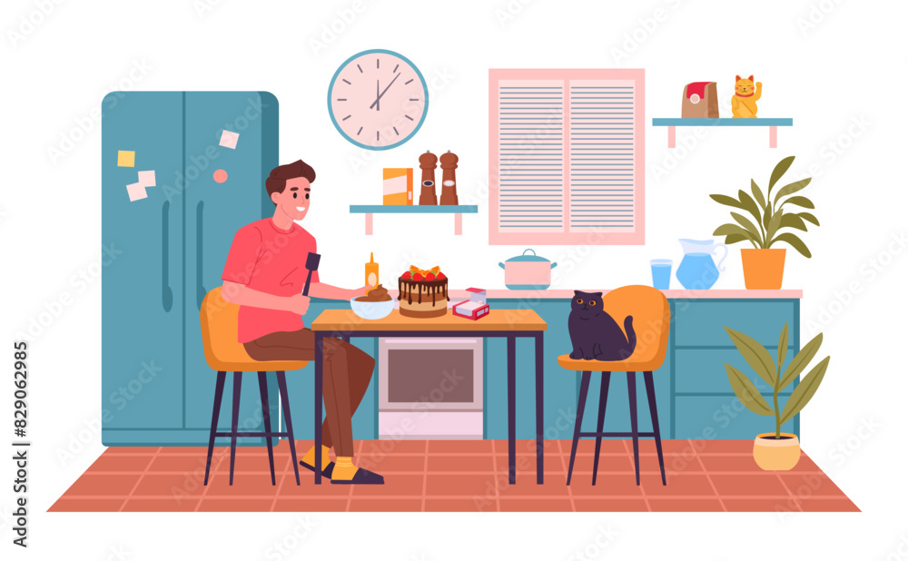 Man cooking at home. Male character baking cake in kitchen, dessert preparation flat vector illustration. Cooking at home scene