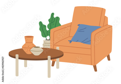 Living room furniture. Cartoon armchair and tea table, trendy cozy house interior elements flat vector illustration. Modern contemporary interior
