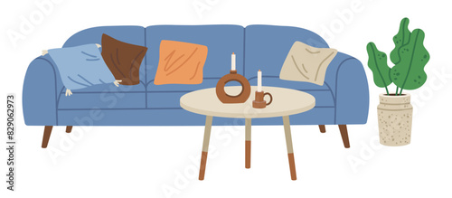 Living room interior. Minimalist home decoration, comfy couch and tea table flat vector illustration. Trendy contemporary interior