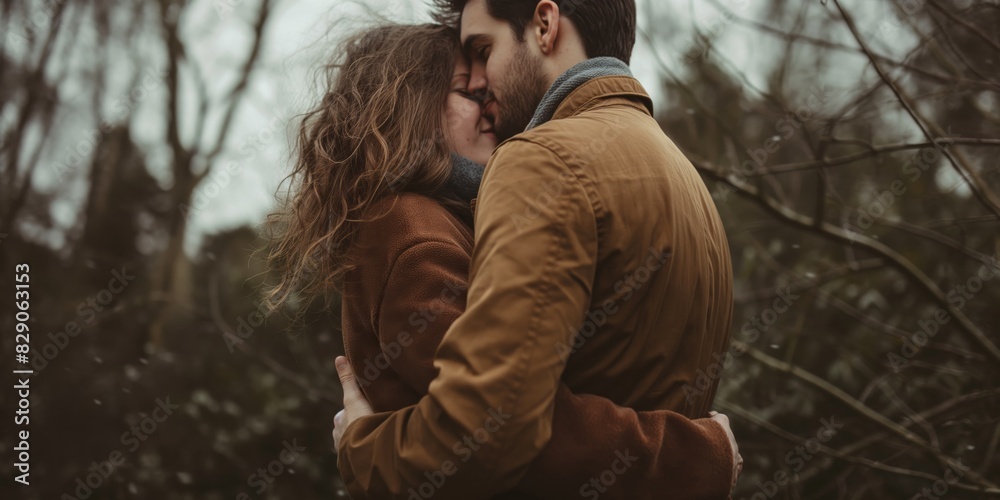 Fototapeta premium Two individuals share a close embrace amidst a forest, highlighting intimacy and affection in a natural environment