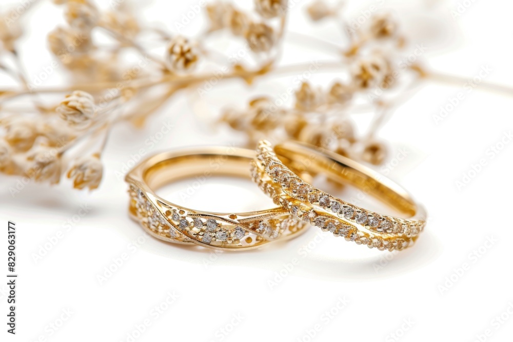 Golden wedding rings and flowers. Wedding Card, Bride and Groom Rings Golden wedding rings and flowers. Wedding Card, Bride and Groom Rings