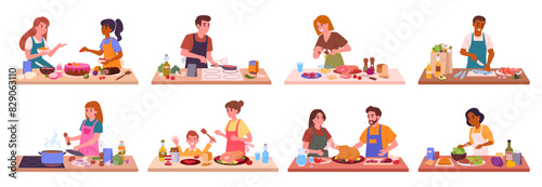 People cooking at home. Families preparing food on house table, homemade meal preparation flat vector illustration set. Cooking characters collection