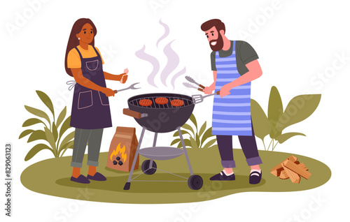 People cooking barbecue. Couple preparing bbq steak outdoor, family preparing food in backyard flat vector illustration. BBQ picnic scene