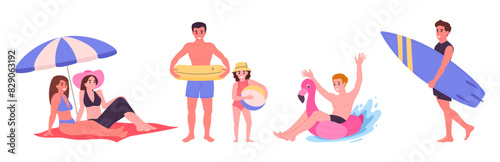 People rest on beach. Characters relaxing and playing on sandy beach, summer holiday vacation flat vector illustration. Cartoon people on beach