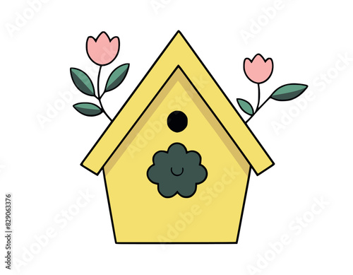 Vector kawaii birdhouse icon for kids. Cute Easter symbol illustration. Funny cartoon character. Adorable spring starling or bird house clipart with pink flowers