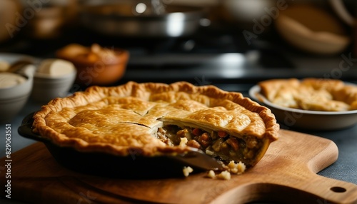 A tasty homemade pot pie on a wooden board with a slice removed for serving. Bowls are nearby, an oven behind, and fabric hangs close.