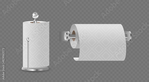 Paper Towels On A Vertical Dispenser And A Wall-mounted Roll Dispenser. 3d Vector Mockups of Household Cleaning Products