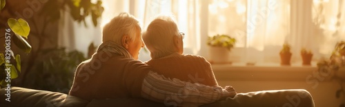 An elderly couple sits close to each other, sharing a private moment in the soft sunlight of their home photo