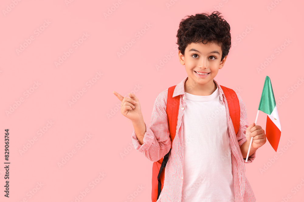 Little boy with Mexican flag pointing at something on pink background Little boy with Mexican flag pointing at something on pink background