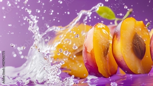 Photorealistic plum slices and juice splash isolated