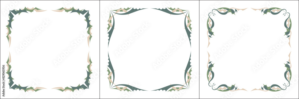 Set of three green ornamental frame with dragons stylized. Dragon wings frame, fantasy green corners. Fairy tail decoration, book decoration. Set of three green ornamental frame with dragons stylized. Dragon wings frame, fantasy green corners. Fairy tail decoration, book decoration.