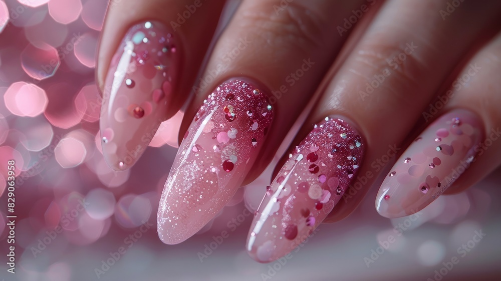 Soft pink nail design enriched with sparkling details and lush background Soft pink nail design enriched with sparkling details and lush background