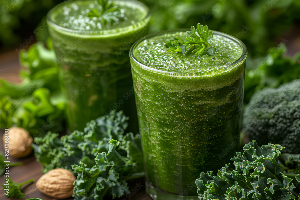 A green smoothie with spinach and kale, highlighting detox drinks. Concept of cleansing and nutrition. Generative Ai. A green smoothie with spinach and kale, highlighting detox drinks. Concept of cleansing and nutrition. Generative Ai.