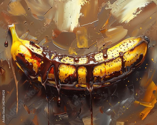 A hyper-realistic painting of a banana covered in chocolate