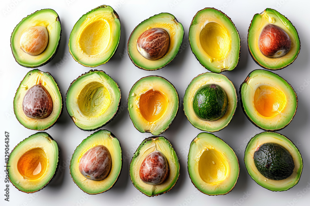 Avocado halves placed in a circular pattern. Concept of healthy fats. Generative Ai. Avocado halves placed in a circular pattern. Concept of healthy fats. Generative Ai.