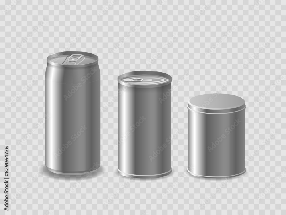 Three Metal Containers Of Varying Sizes And Designs Isolated On Transparent Background. Realistic 3d Vector Image Three Metal Containers Of Varying Sizes And Designs Isolated On Transparent Background. Realistic 3d Vector Image