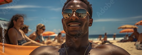 Sunbathing happy african american man on the beach on a warm summer day
