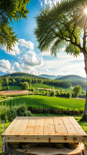 Empty Wooden Table Product Podium: Farm Wood Nature Field Table, Product Grass Garden Background Stand Green Food, Morning Farm Outdoor Sky, Beauty Sun Scene Platform View Beautiful Trunk, ad, podium 