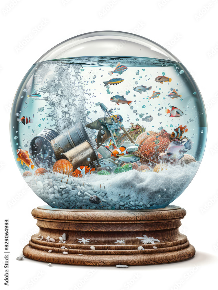 A snow globe with an polluted aquarium inside, wooden base under the glass ball, A lot of garbage, cans, plastic bags, polluted water, sewage, dirty water, little fishes swimming around A snow globe with an polluted aquarium inside, wooden base under the glass ball, A lot of garbage, cans, plastic bags, polluted water, sewage, dirty water, little fishes swimming around