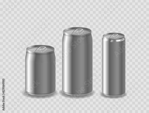 Three Aluminum Beverage Cans Of Varying Sizes, With Pull Rings Isolated On A Transparent Background. Soda Drink, Beer