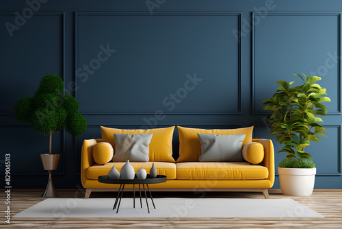 Modern living room has a yellow sofa on empty dark blue wall background- 3D rendering 