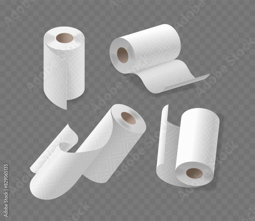 Set Of Four Realistic Paper Towel Rolls Isolated On A Transparent Background. 3d Vector Image Features Different Stages