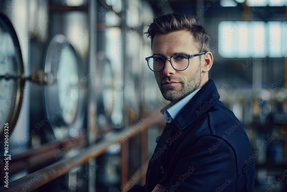 Fototapeta premium Portrait of a confident businessman in a modern factory