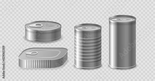 Set Of Various Metal Cans Including Cylindrical And Oval Shapes And Metallic Texture. Realistic 3d Vector Packaging
