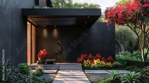 Modern black home entrance with minimalist style and vibrant floral accents