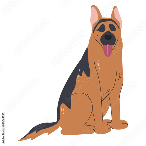 German sheepdog in sitting pose. Happy sheepdog with tongue out. Dog silhouette colored design. Brown and black long-haired domestic animal. Pet hand drawn flat vector illustration isolated on white