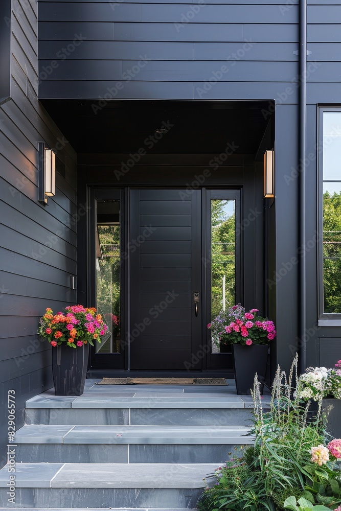 Fototapeta premium Modern black home entrance with minimalist style and vibrant floral accents