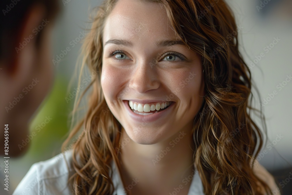 Confident young woman impresses during job interview.