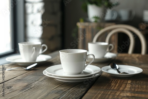 Wallpaper Mural A wooden table is covered with white cups and saucers, creating a simple yet elegant display. Generative AI Torontodigital.ca