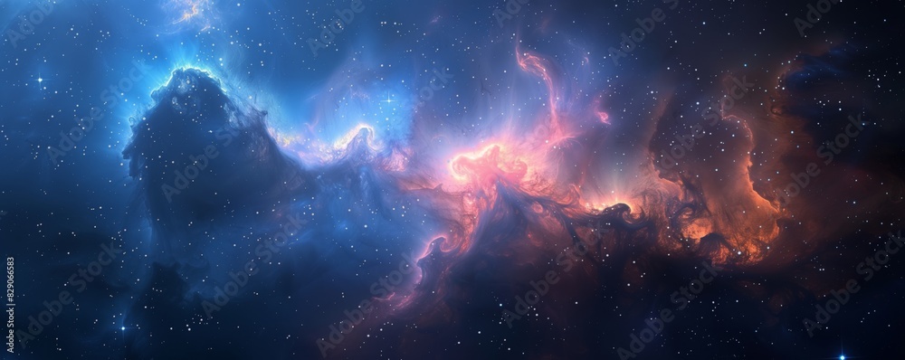 Scene of starry sky with clouds of nebulae drifting across