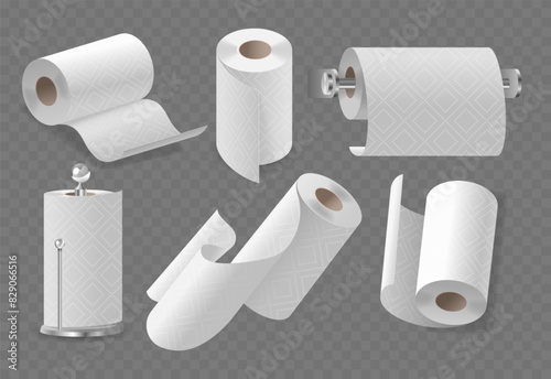 Collection Of Various Paper Towels And Holders Isolated On Transparent Background. Realistic 3d Vector Paper Towel Rolls photo