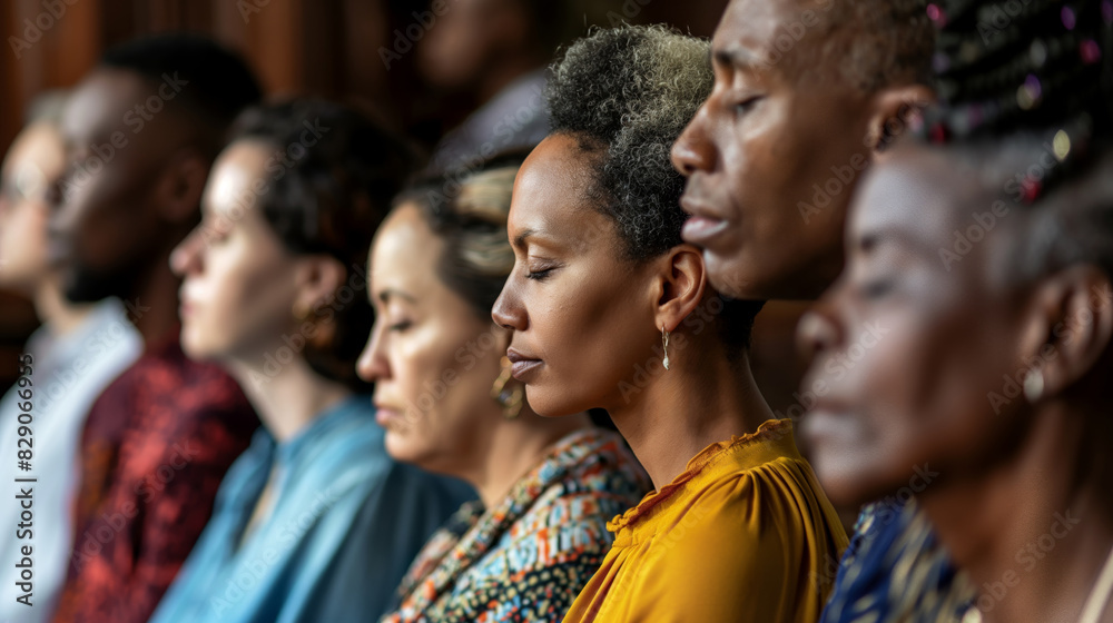 Group of people from different cultures united in prayer in church Group of people from different cultures united in prayer in church