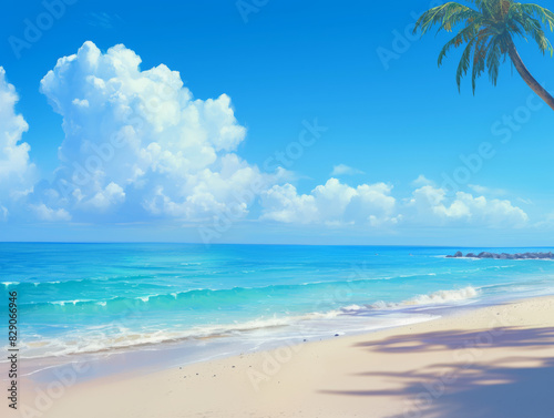 Serene Tropical Beach with Clear Blue Skies and Palm Tree