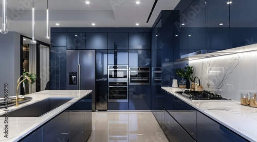 Modern blue kitchen with sleek navy cabinets