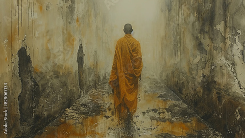 Watercolor paintings of Buddhist monks Was on a pilgrimage to an old temple in Ayutthaya. generative ai