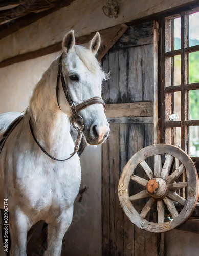 A picturesque scene unfolds with a beautiful white horse standing gracefully in front of a rustic wooden wagon wheel in the barn