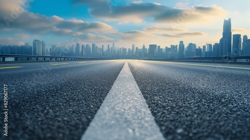Low angle view of asphalt highway road and city skyline background