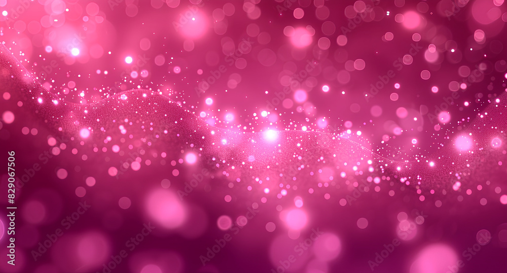 Bright pink lights and small particles are floating in purple background