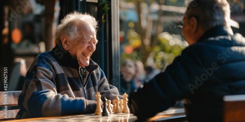 Two senior men are deeply focused while playing a chess game at an outdoor table, capturing a strategic and social moment photo