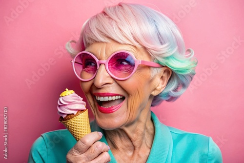 Portrait of an extraordinary, stylish, fashionable elderly woman, a pensioner of 70 years old, with glasses and ice cream in her hand. The concept of happy seniors and delicious desserts.