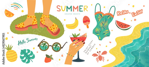 Set of fun summer design elements. Illustrations of feet in sandals on grass, hand with a glass, sunglasses, swimsuit and more. Collection of hand drawn stickers for scrapbooking, home decor, covers