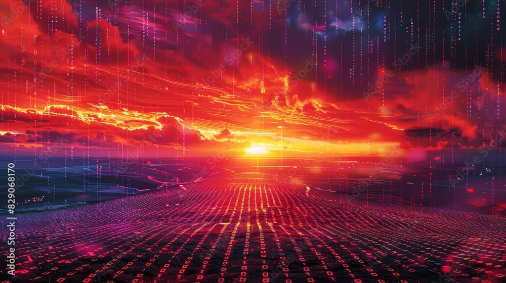 Fototapeta premium Matrix-inspired code a fiery cyber sunrise backdrop 
