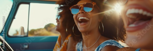 Vibrant image of ecstatic friends shouting and laughing while on a road trip, with the sun shining through the car window photo
