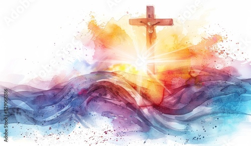 A watercolor illustration of an elegant cross with the glowing halo above it, draped in white linen cloth that flows around and behind it.  photo
